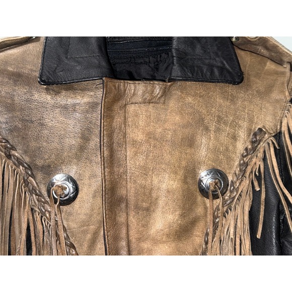 Vintage UNIK Leather Collections Fringed Concho Motorcycle Jacket Brown Black 36 - Picture 10 of 13